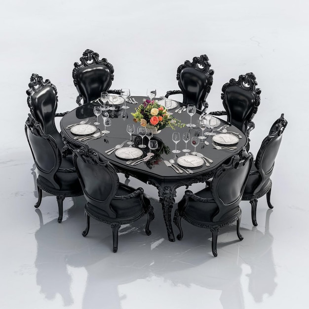 Photo a black table with a table and chairs with a table set for four people