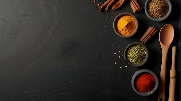 a black table with various spices and spices including spices and spices