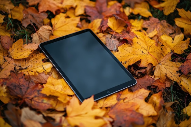 Photo black tablet mockup on colorful autumn leaves background