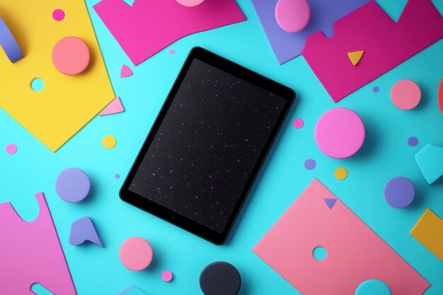 Photo black tablet mockup with blank screen on colorful geometric background