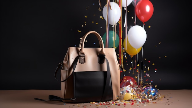 A black and tan bag with confetti in the background and the word love on it.