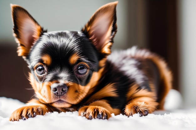 A black and tan chihuahua puppy with a sad look on its face.