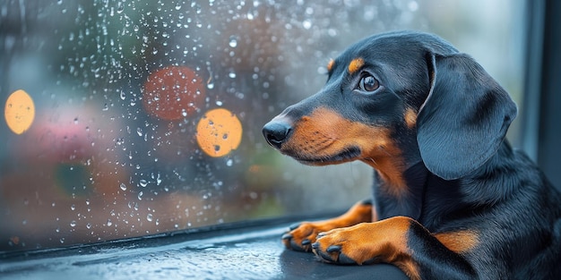 Photo black and tan dachshund puppy looking out window on rainy day