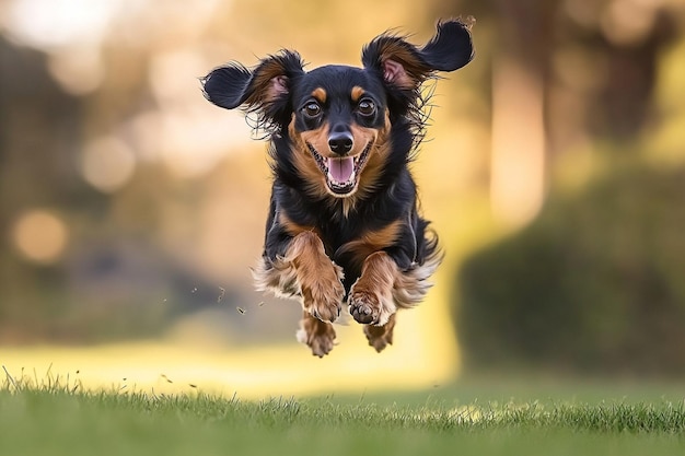 A black and tan dachshund with long ears is jumping on the grass captured in midair