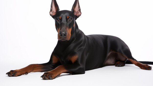 A black and tan doberman dog laying down.