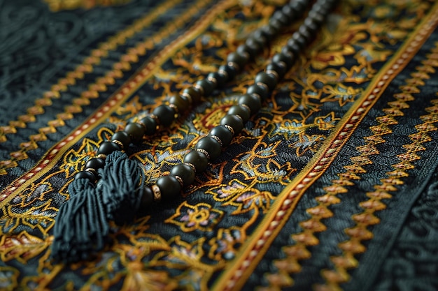 Black tasbih beads on an embroidered prayer mat