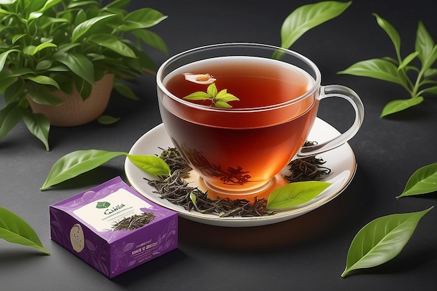 black tea ad with tea leaves and package box 3d illustration