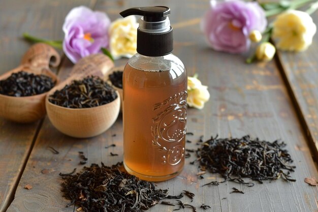 A black tea facial cleanser in a sleek pump bottle