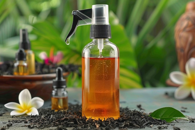 A black tea hair rinse in a glass bottle with a spray nozzle