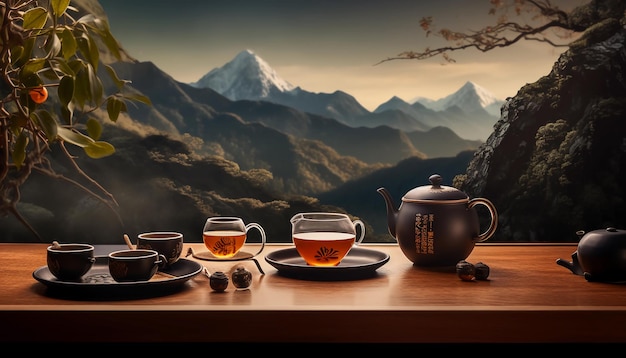 Black tea product display with Chinese landscape