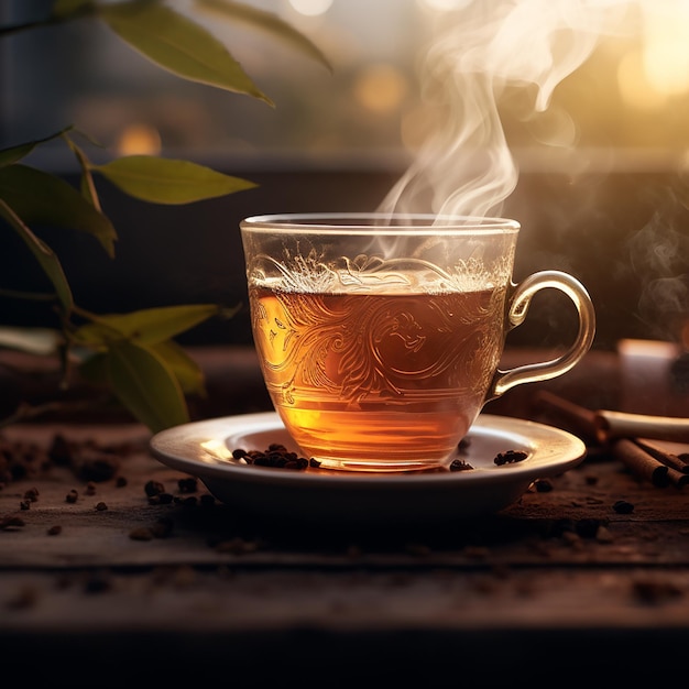 Black tea realistic lighting On a bright Background realistic lighting side view