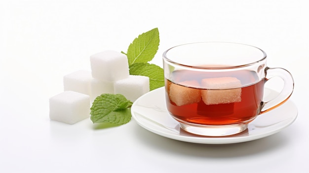 Black tea with sugar cube isolated on white background