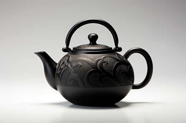 Black teapot against white backdrop