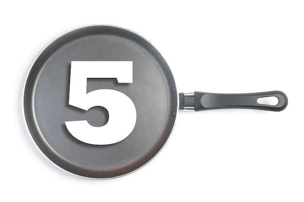 Black Teflon frying pan on a white background with white lettering FIVE