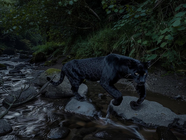 Photo a black tiger is standing on a rock in the water