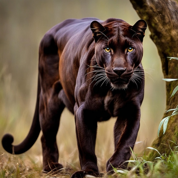 a black tiger is walking through the grass and is looking at the camera