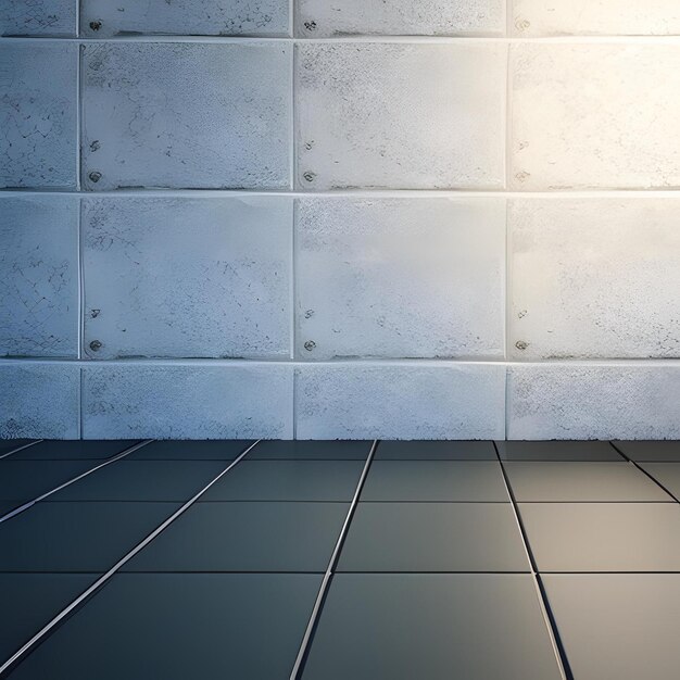 A black tile floor with white tiles and a white wall.