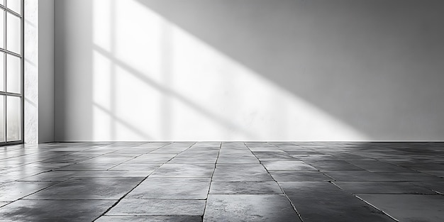 Photo a black tiled floor with a white wall and a window behind it