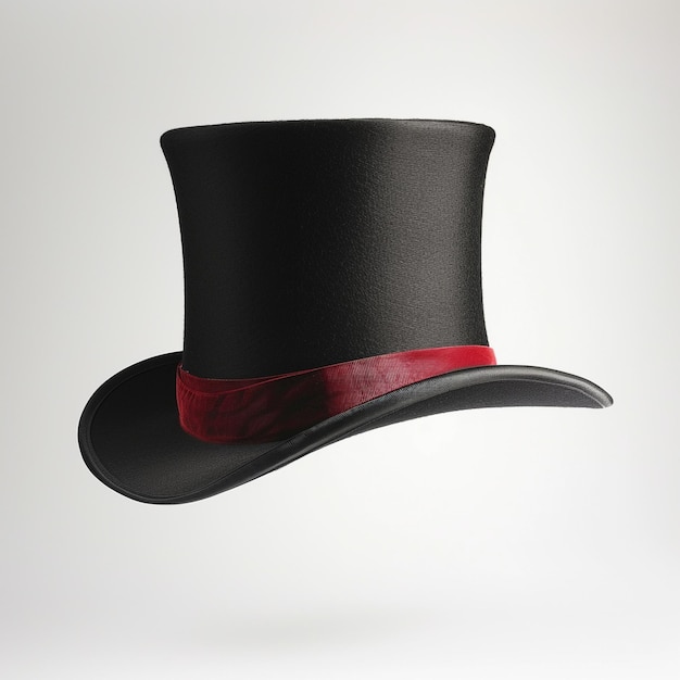 a black top hat with a red band on it