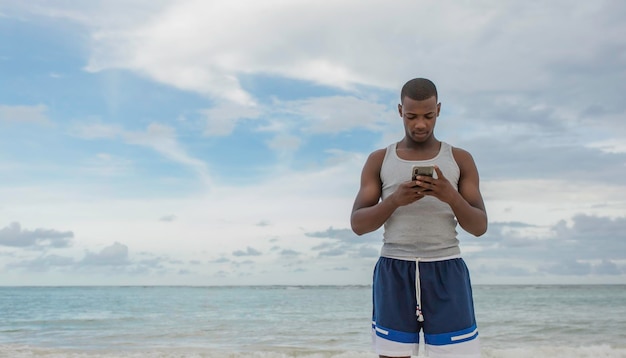 Black tourist watching video on smartphone