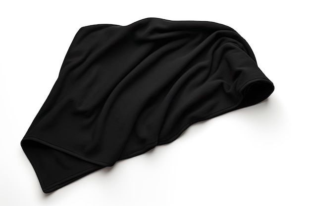 A black towel completely separate from its surroundings placed on a white background