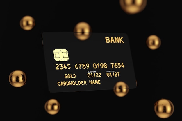 Black Transparent Plastic Golden Credit Card with Chip and Abstract Golden Spheres 3d Rendering