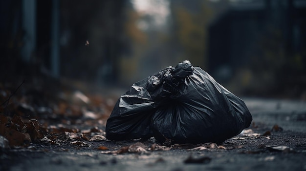 A black trash bag sits on the ground in the dark.