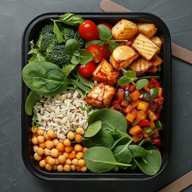 Photo a black tray with a variety of vegetables including rice rice and vegetables