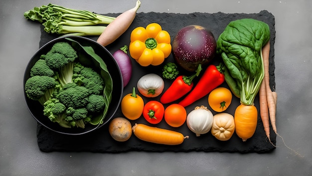 A black tray with vegetables on it including broccoli, broccoli, and other vegetables.