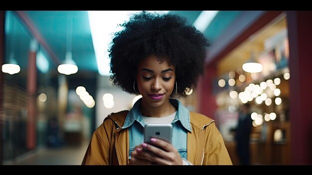 Black trendy and modern woman checking phone street cinematic tv spot concept style