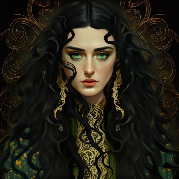 Black Tresses black hair and Green Eyes A Klimtian Vision and Goddess of Italy ai generated