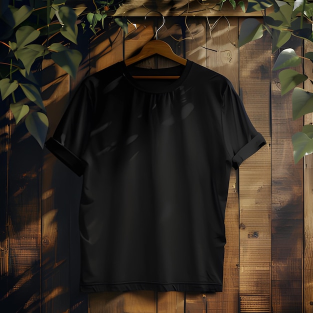 Black tshir t hanging with hanger on wooden wall