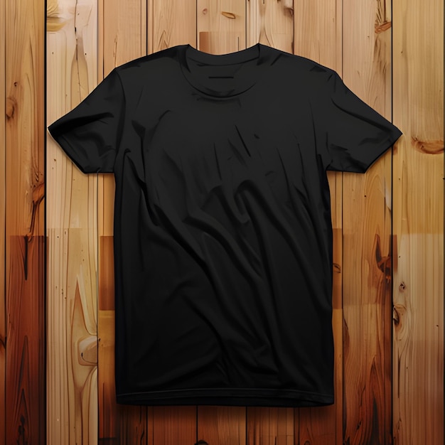 Black tshir t hanging with hanger on wooden wall