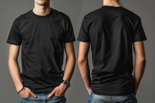 Black tshirt displayed on a model against a neutral b