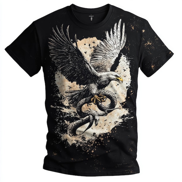 Photo a black tshirt featuring a detailed eagle graphic in flight clutching a serpent