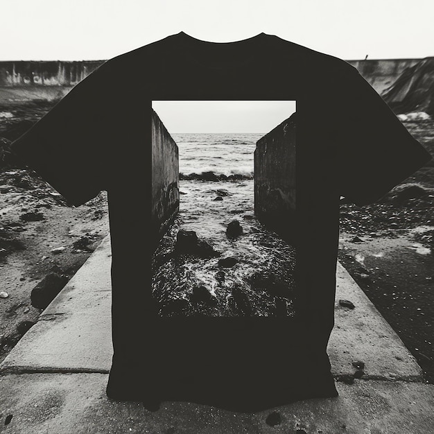 Photo a black tshirt featuring a photo of waves crashing against a rocky shore