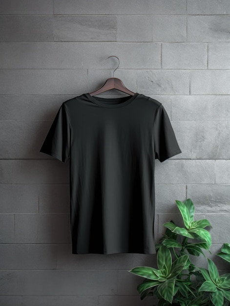 Black tshirt hanged for mockup green flowers surrounding