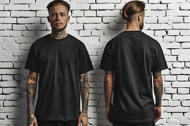 Black tshirt hanging on white brick wall mockup template with front and back view