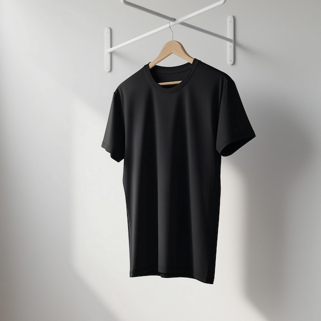 Black TShirt on Illustation Wooden Hanger white background