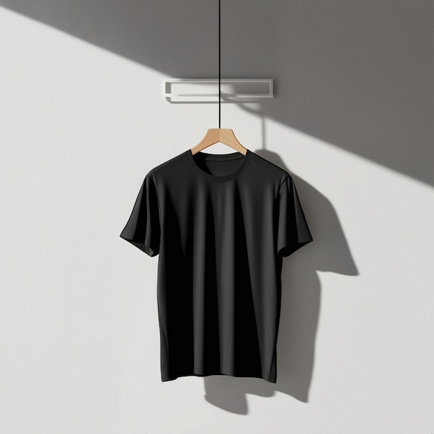 Photo black tshirt on illustation wooden hanger white background