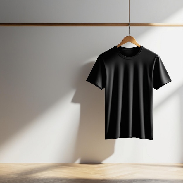 Black TShirt on Illustation Wooden Hanger white background