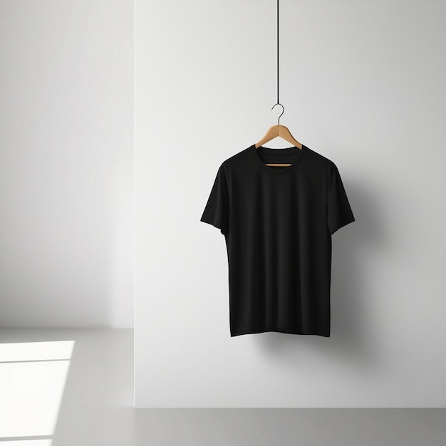 Black TShirt on Illustation Wooden Hanger white background