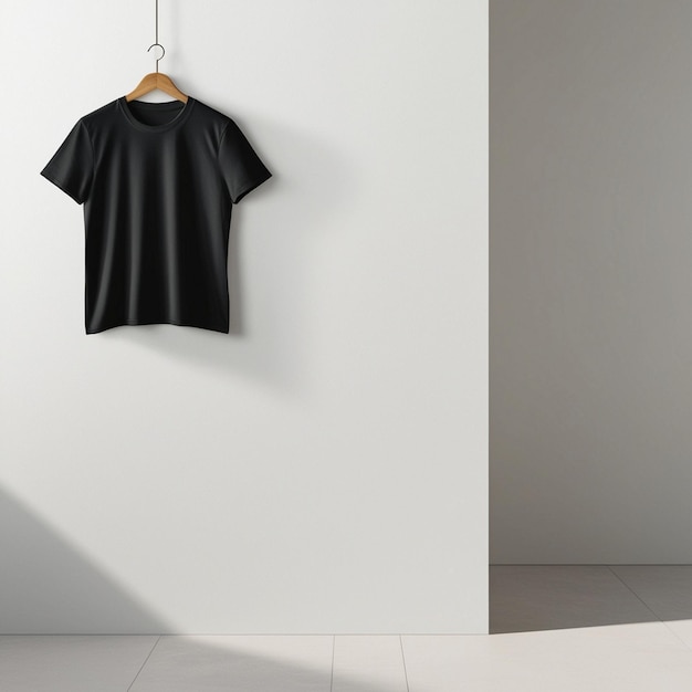 Photo black tshirt on illustation wooden hanger white background