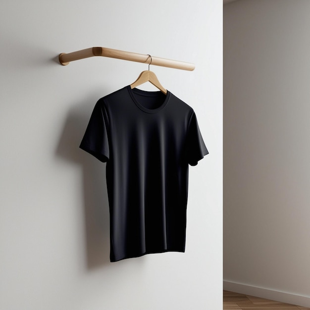 Black TShirt on Illustation Wooden Hanger white background