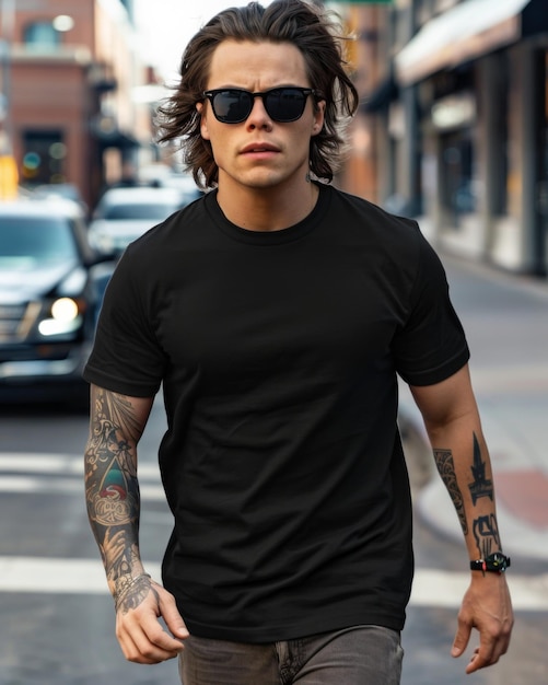 Black Tshirt mockup featuring a rebel look male model