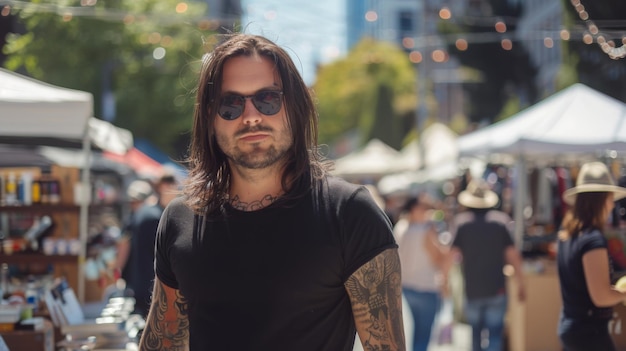 Black Tshirt mockup featuring a rebel look male model