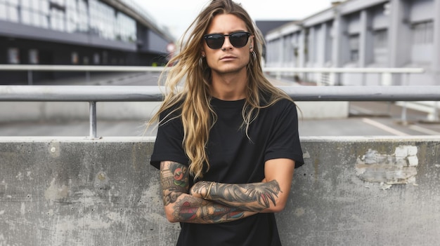 Black Tshirt mockup featuring a rebel look male model