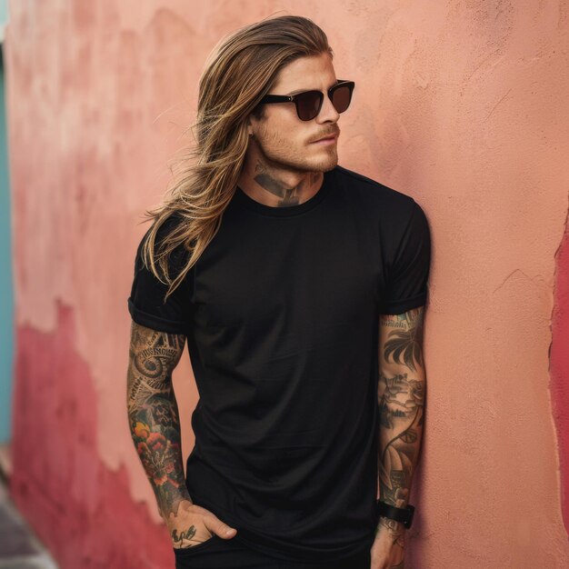 Black Tshirt mockup featuring a rebel look male model