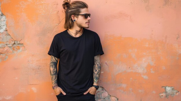 Black Tshirt mockup featuring a rebel look male model