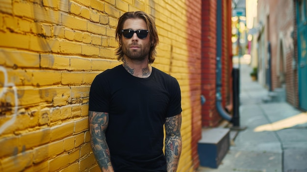 Black Tshirt mockup featuring a rebel look male model